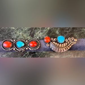 2 Vintage Mexican Silver Turquoise & Coral Rings Size 7
